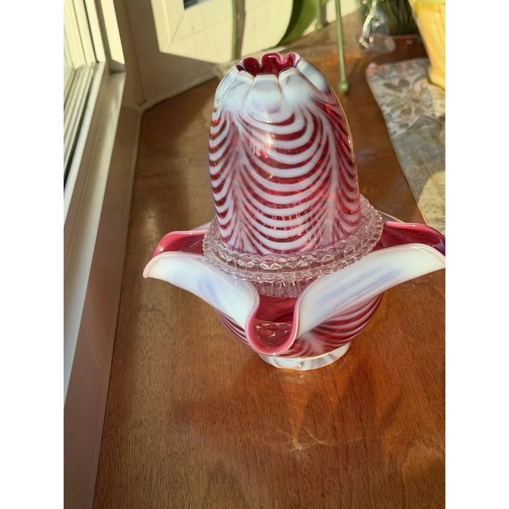 Fenton Fairy Lamp 3 Piece Cranberry Opalescent Swirl Drapery Pattern Candle
